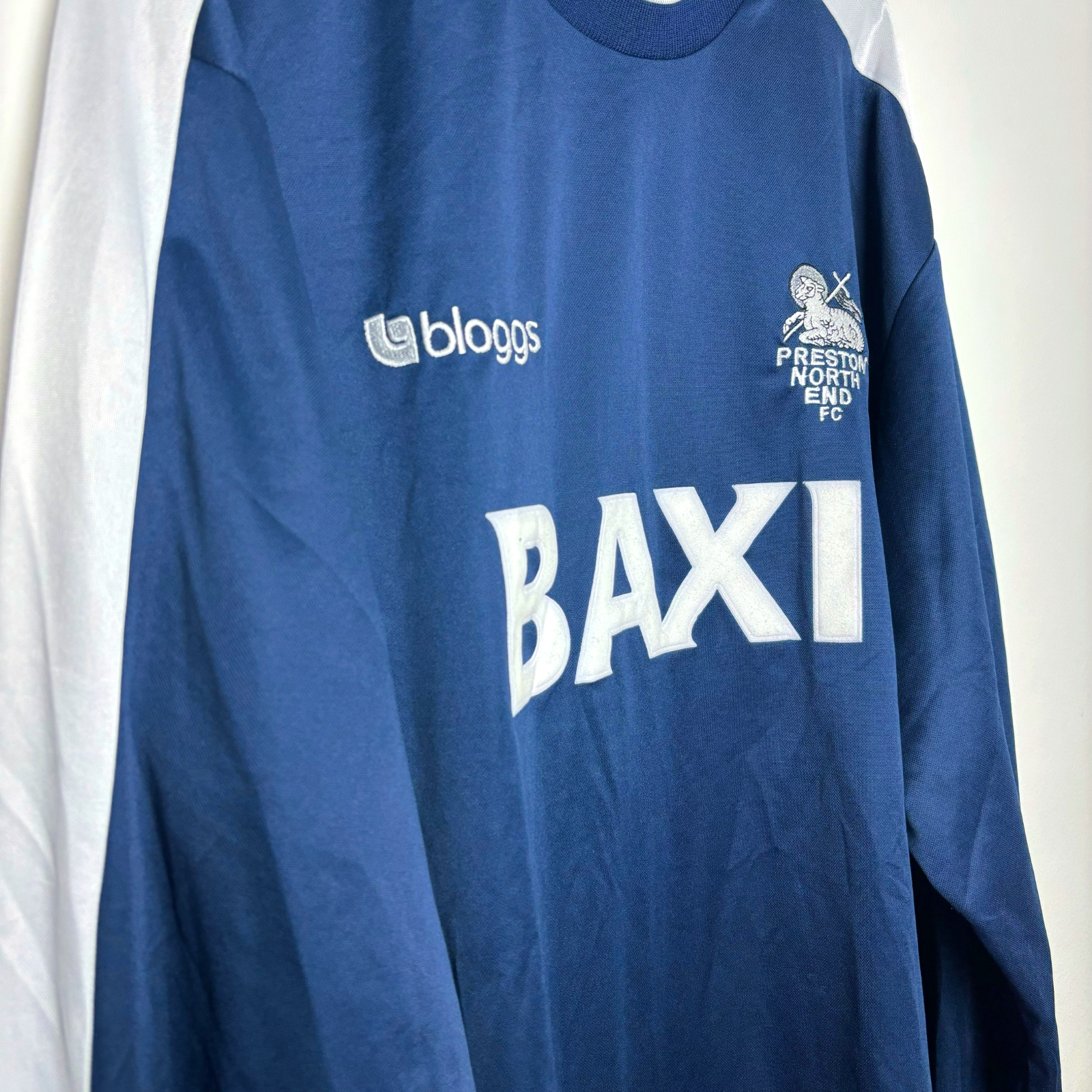Preston vintage football jersey with 'bloggs' and 'BAXI' branding on a white background