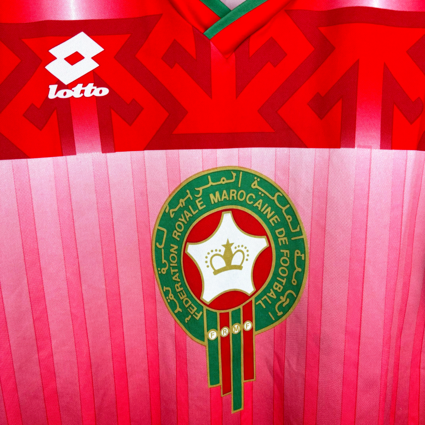 Morocco 1994 vintage football shirt in red and pink with Lotto logo and football classics shirt crest. - Morocco 1994/1995/1996 Home Football Shirt Maglia Calcio Lotto