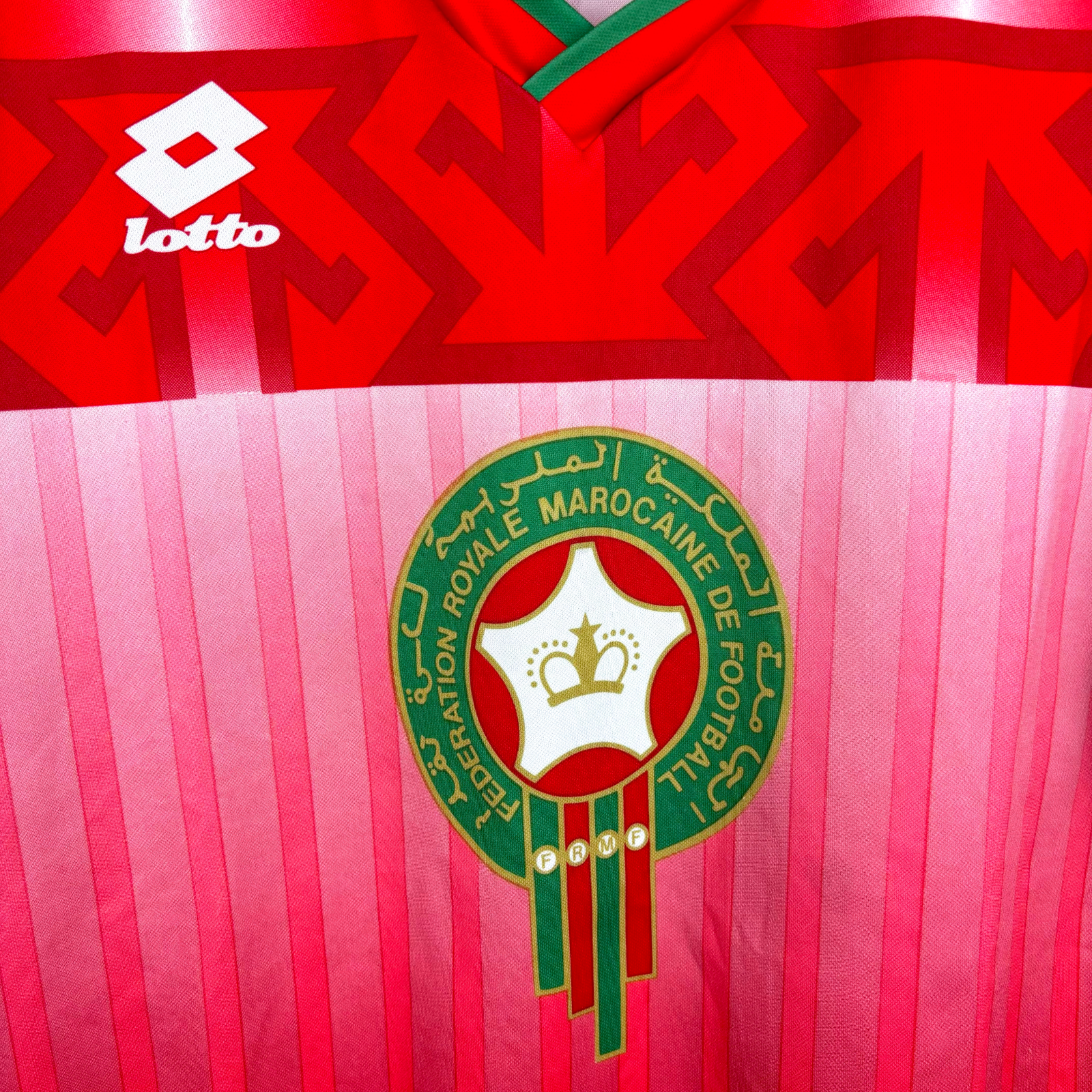 Morocco 1994 vintage football shirt in red and pink with Lotto logo and football classics shirt crest. - Morocco 1994/1995/1996 Home Football Shirt Maglia Calcio Lotto