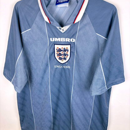Angled side view of an England classic football shirt produced by Umbro
