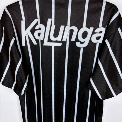 Black and white striped vintage football shirt with Kalunga sponsor logo, retro soccer jersey style. - Corinthians 1992/1993/1994 Away Football Shirt Camisa Finta