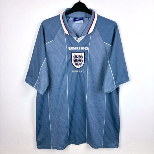 Front view of an England classic soccer jersey produced by Umbro. Away version worn during Euro 96