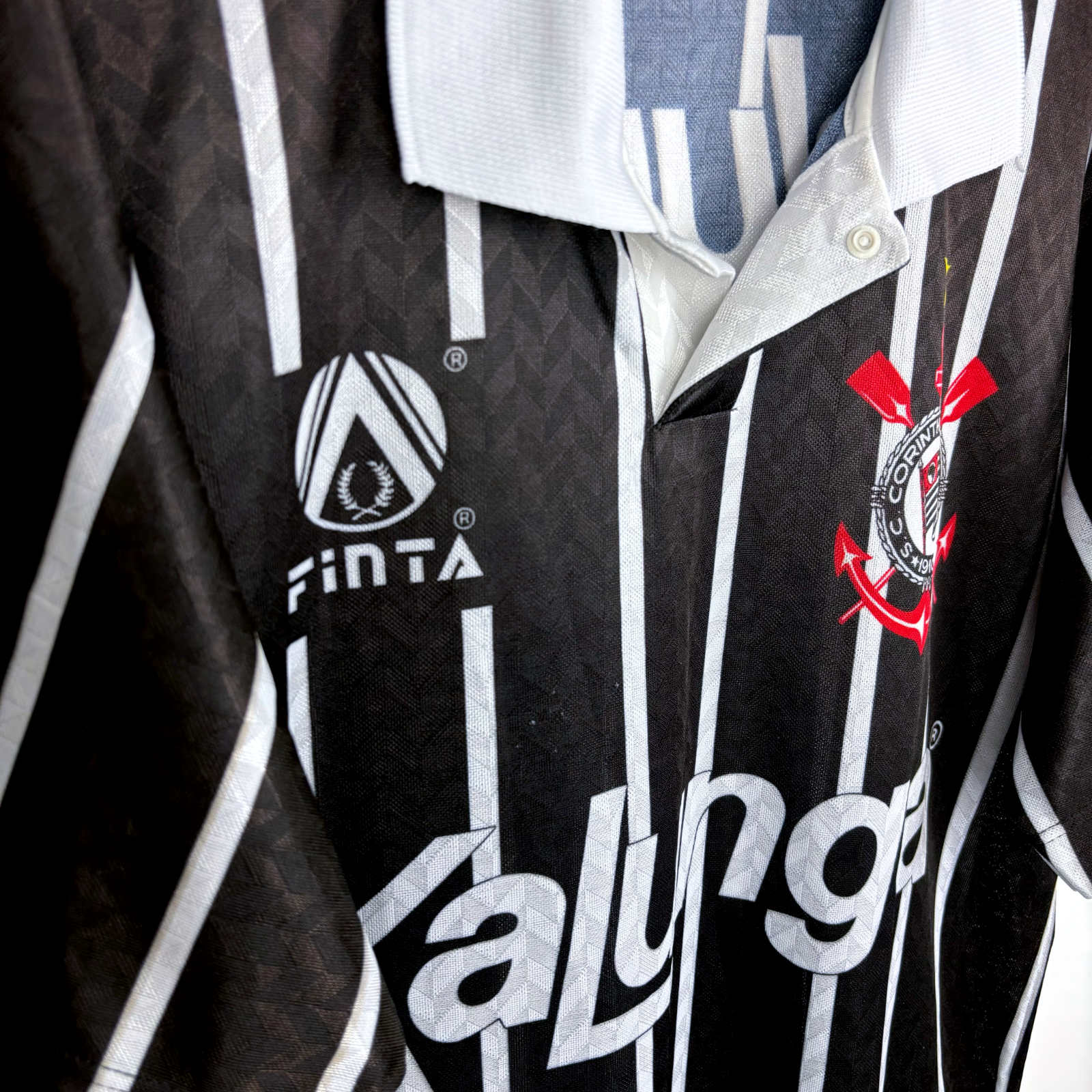 Vintage Corinthians black and white vertical striped football shirt with Finta logo and red club crest, retro soccer jersey. - Corinthians 1992/1993/1994 Away Football Shirt Camisa Finta