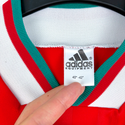 Red vintage football shirt collar with green and white trim, featuring Adidas Equipment tag, size 40"-42". - Liverpool FC 1993/1994/1995 Home Football Shirt Adidas