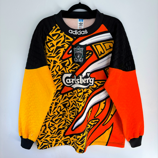 Liverpool FC 1995-1996 vintage football shirt with bold yellow and orange panels, black quilted sleeves, and classic Adidas. - Liverpool FC 1995-1996 Goal Keeper Football Shirt Adidas