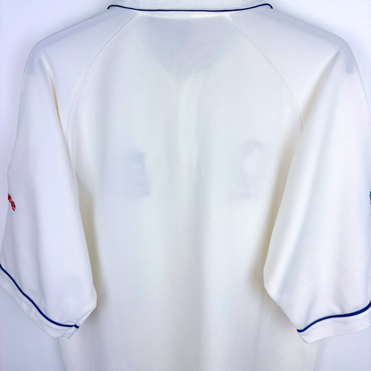 White vintage football shirt with navy piping on sleeves and collar, classic retro soccer jersey style. - England 2005/2006/2007/2008 Ashes Cricket Shirt