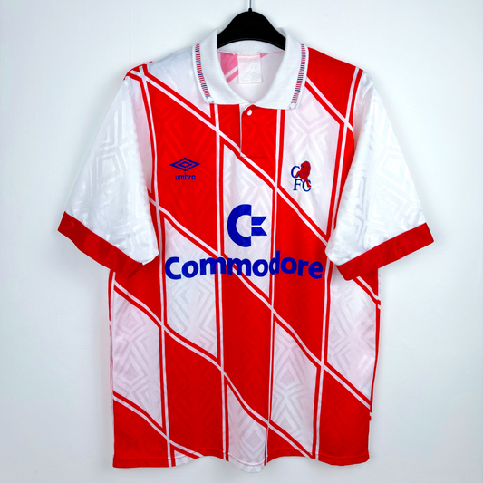 Vintage Chelsea football shirt with red and white diagonal stripes, Umbro logo, and Commodore sponsor badge. - Chelsea 1990/1991/1992 Away Football Shirt Umbro