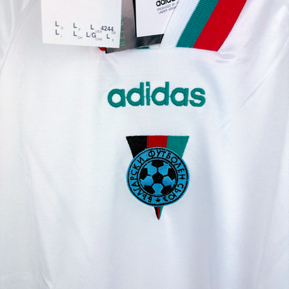 Close up of a Bulgaria 1994 classic football jersey by adidas with green and red trim 
