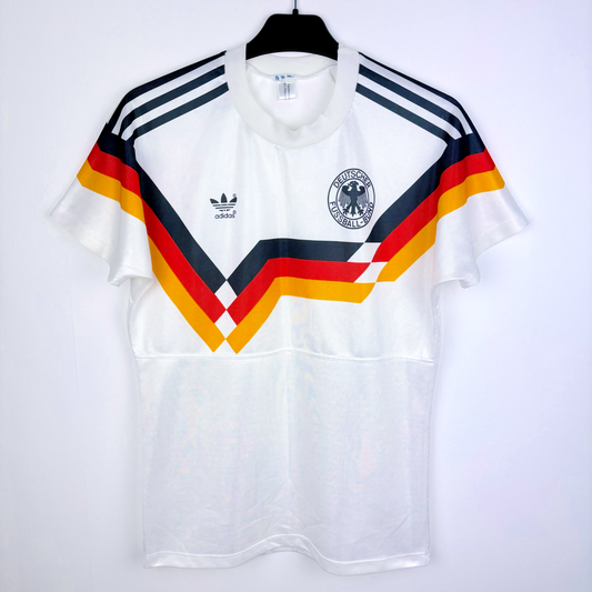 White Germany 1988-1992 Adidas vintage football shirt with black, red, and gold retro stripes and classic logo. - Germany 1988/1989/1990/1991/1992 Adidas Home Football Shirt