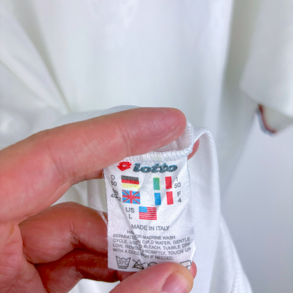 White vintage football shirt tag showing Lotto brand logo, size L, and Italy manufacturing label. - Croatia 1996/1997/1998 Lotto Away Football Shirt