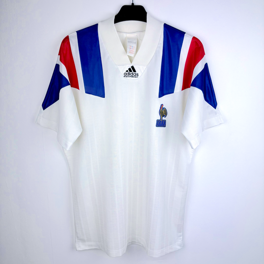 1992-1994 Équipe de France Adidas vintage football shirt in white with blue and red accents, classic retro soccer jersey. - Équipe de France FFF 1992/1993/1994 Away Football Maillot Shirt Adidas