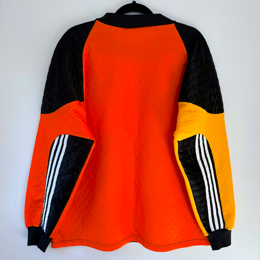 Liverpool FC 1995-1996 vintage football shirt with orange body and black, yellow quilted sleeves, Adidas stripes on arms. - Liverpool FC 1995-1996 Goal Keeper Football Shirt Adidas