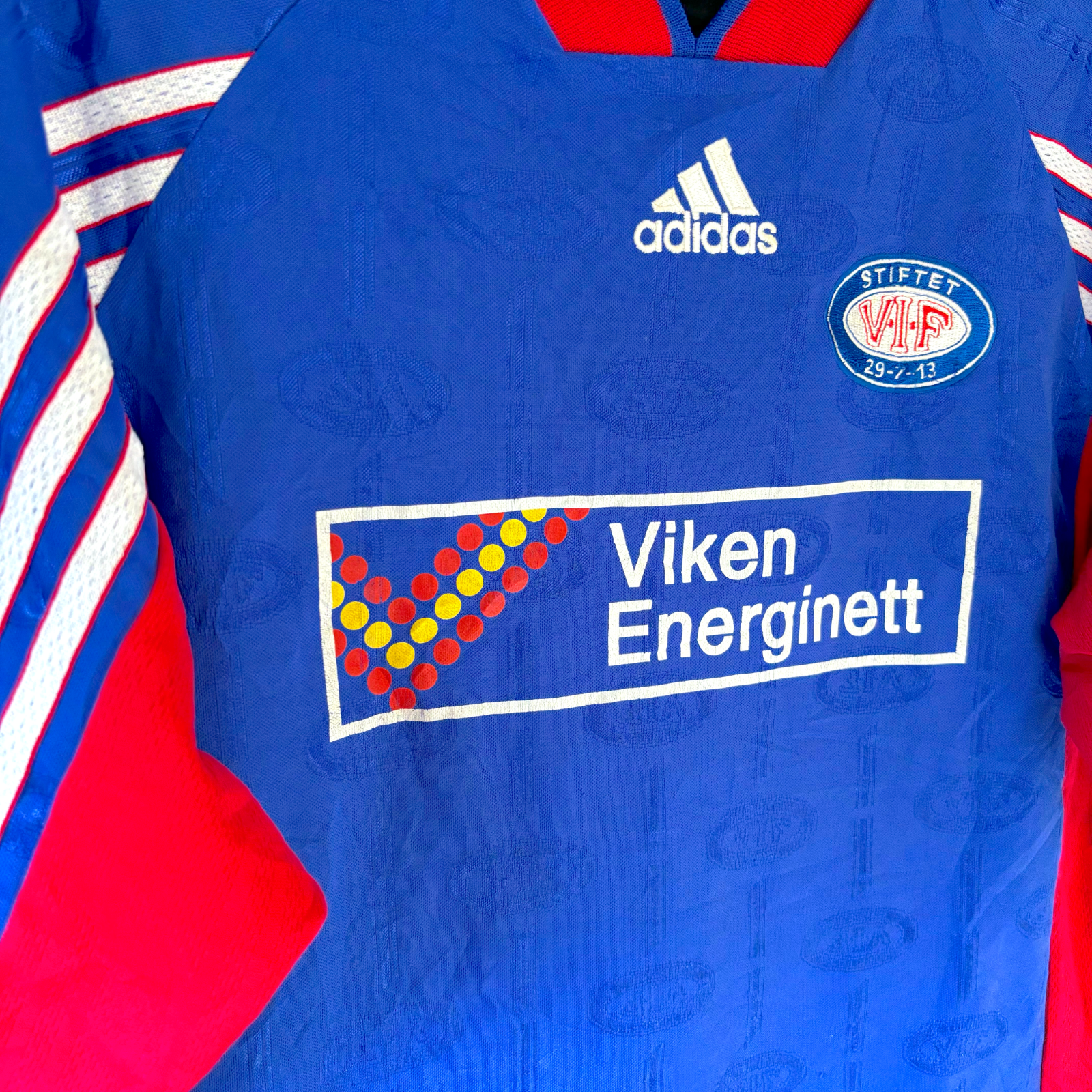 Valerenga VIF 1998-1999 vintage football shirt in blue with red and white Adidas stripes, classic sponsor logo, and club. - Valerenga VIF 1998-1999 Home Football Shirt Jersey Adidas
