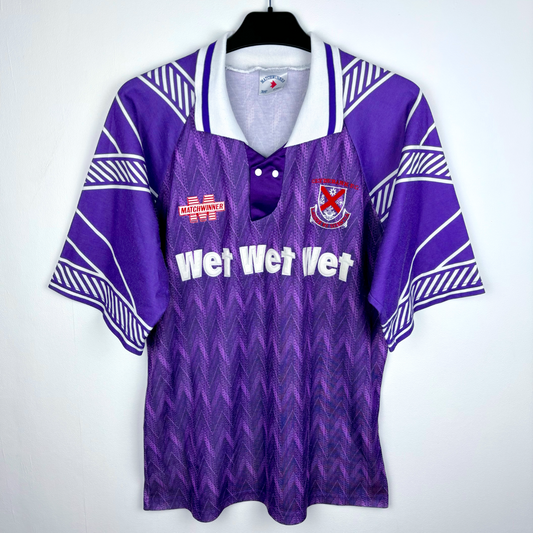 Purple Clydebank FC vintage football shirt 1993-95 with Wet Wet Wet sponsor and white collar, retro soccer jersey design. - Clydebank FC Wet Wet Wet 1993/1994/1995 Away Football Shirt Matchwinner
