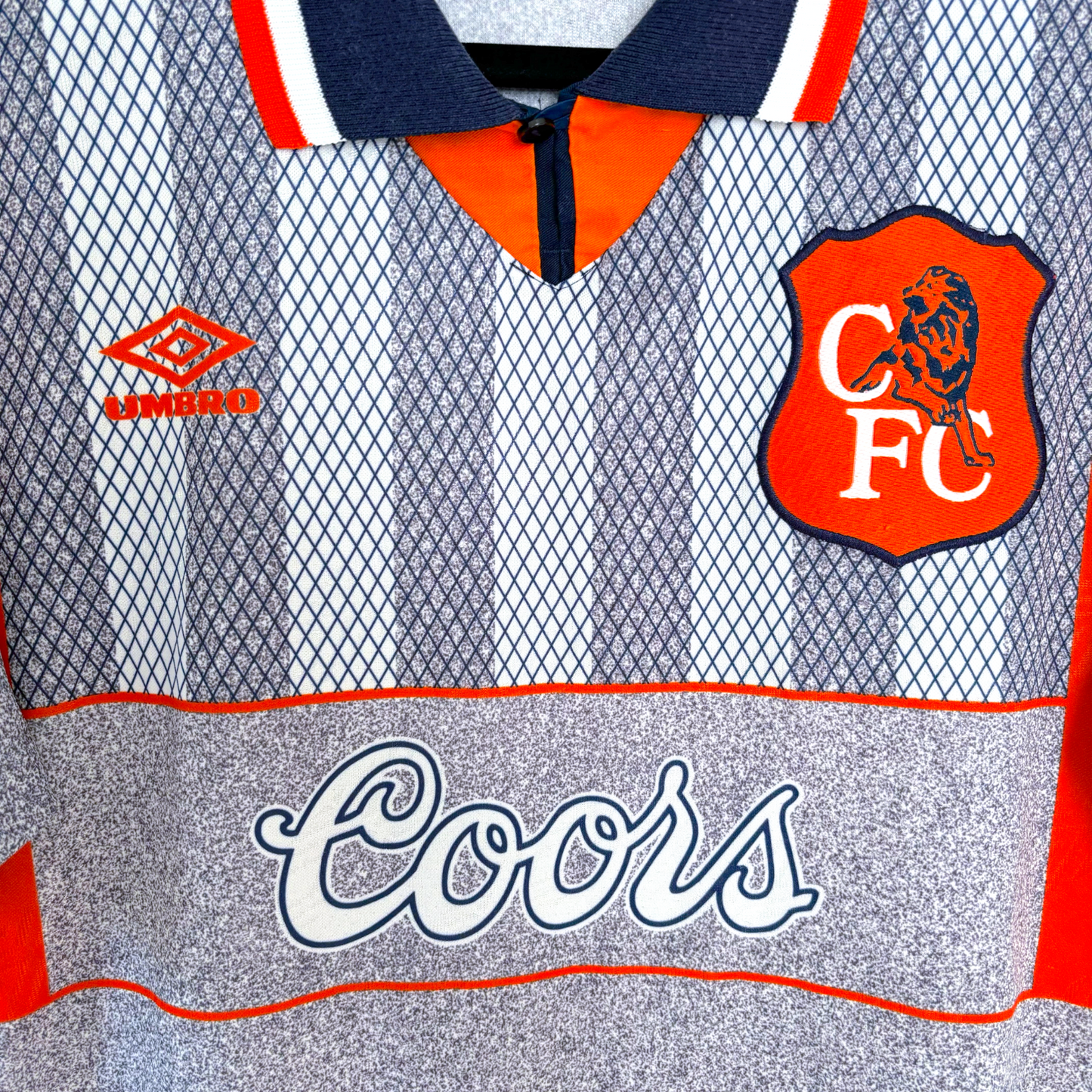 1994 Chelsea vintage football shirt with Coors sponsor, Umbro logo, and blue-red trim collar vintage retro football shirts. - Chelsea 1994/1995/1996 Away Football Shirt Umbro Jersey Coors