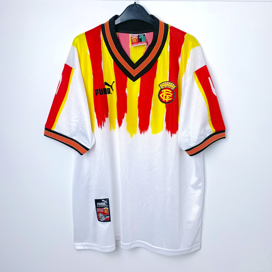 Classic Catalunya football shirt by Puma in white with red and yellow stripes on a white background