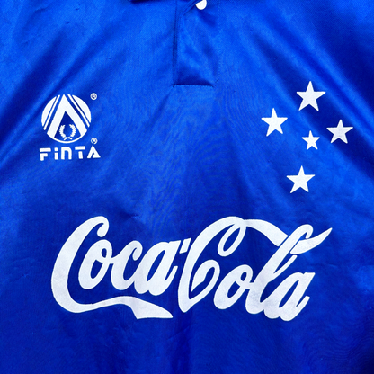 Close up view of vintage Cruzeiro 1993-1995 home football shirt with white Coca-Cola logo and Finta branding