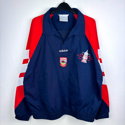 Navy blue and red vintage football shirt with Adidas logo, Arsenal crest, and striped sleeves vintage retro football shirts. - Arsenal 1992/1993/1994 FA Cup Pullover Drill Football Training Top