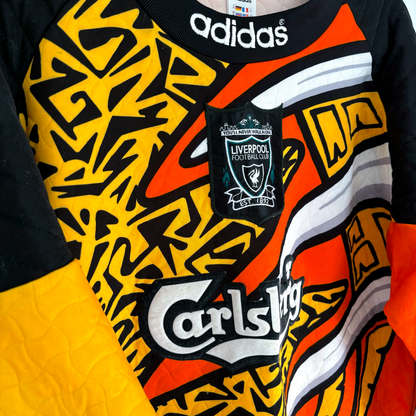 Vintage Liverpool FC 1995-1996 goalkeeper shirt by Adidas with bold geometric print and Carlsberg logo vintage football. - Liverpool FC 1995-1996 Goal Keeper Football Shirt Adidas