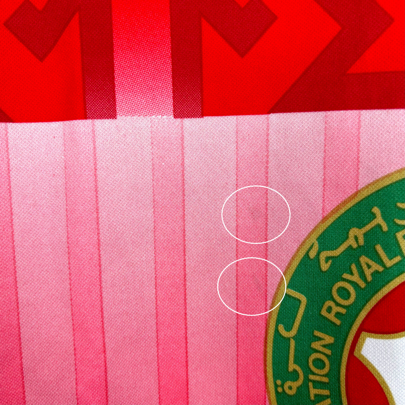 Morocco 1994 vintage football shirt in red and pink with Lotto logo and vertical stripes, retro football classic design. - Morocco 1994/1995/1996 Home Football Shirt Maglia Calcio Lotto