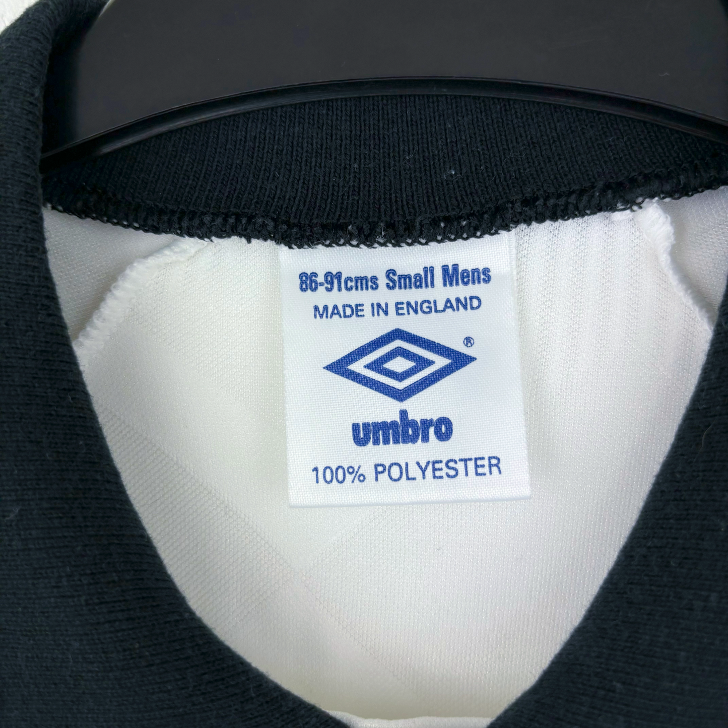 Umbro label on vintage football shirt collar showing size 86-91cms Small Mens, made in England, 100% polyester tag. - Aston Villa 1990/1991/1992/1993 Away Football Shirt Umbro