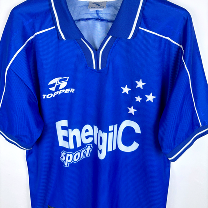 Cruzeiro 1999-2000 vintage football shirt in blue with white trim, Topper logo, and classic sponsor print. - Cruzeiro 1999-2000 Home Football Shirt Camisa Topper