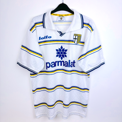Classic football shirt of Parma AC produced by Lotto. White body featuring blue and yellow hoops.