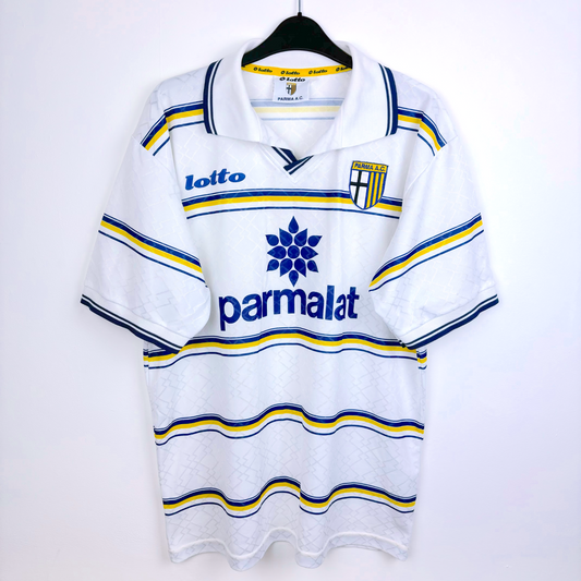 Classic football shirt of Parma AC produced by Lotto. White body featuring blue and yellow hoops.