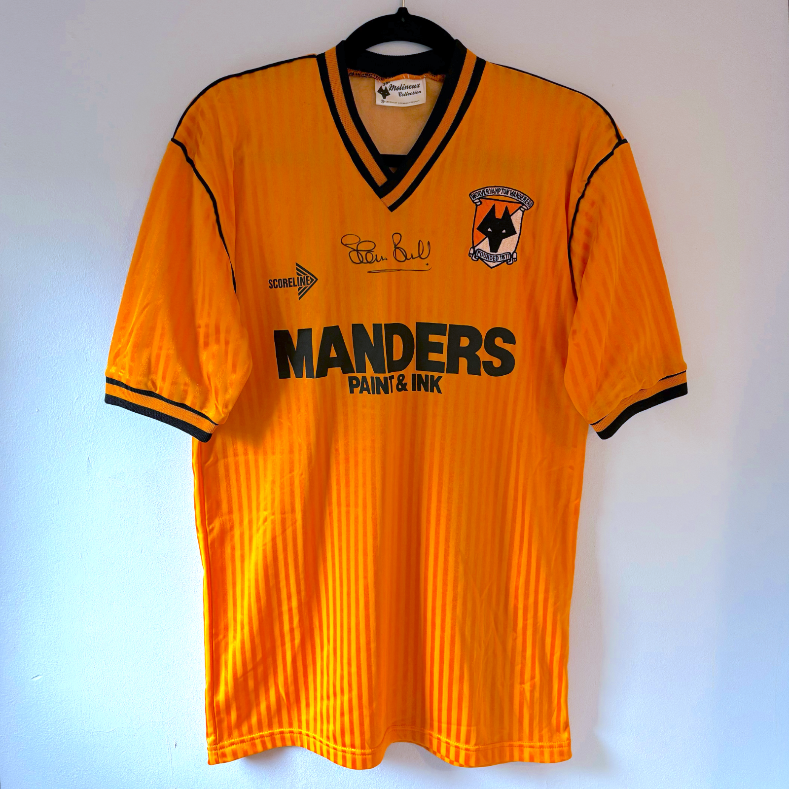 Wolverhampton Wanderers vintage football shirt in gold with black trim, Manders sponsor, retro football classics shirt. - Wolverhampton Wanderers 1988/1989/1990 Wolves Home Football Shirt Score