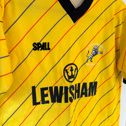 Yellow Millwall 1987-1989 vintage football shirt with diagonal red and blue stripes, black collar, and Lewisham sponsor logo. - Millwall 1987/1988/1989 Away Football Shirt Spall