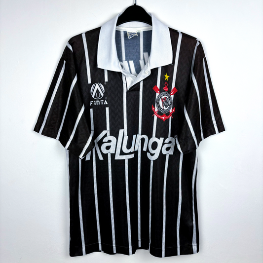 Black and white striped Corinthians vintage football shirt with Finta logo and Kalunga sponsor, classic retro soccer jersey. - Corinthians 1992/1993/1994 Away Football Shirt Camisa Finta