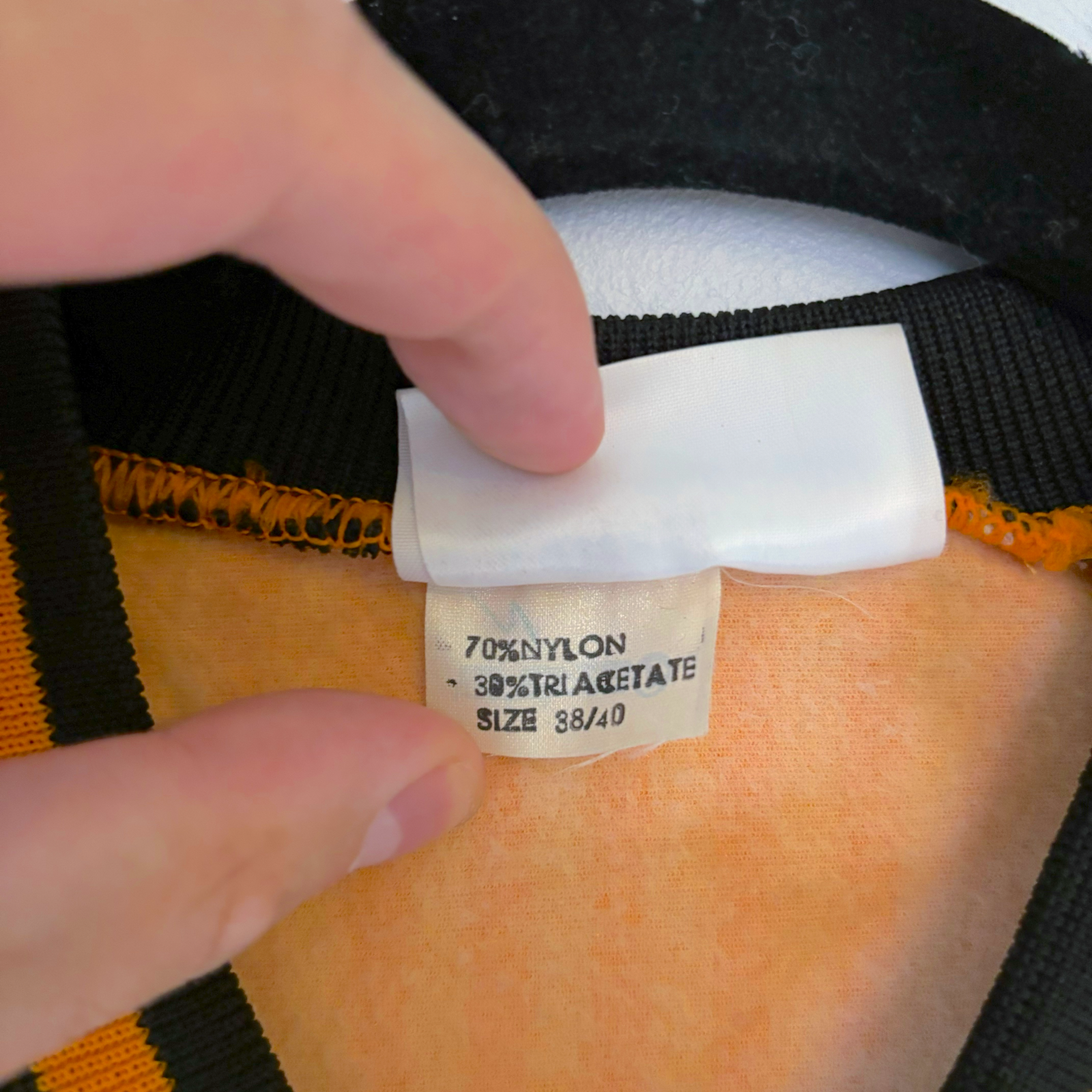 Tag inside vintage retro football shirt showing 70% nylon 30% triacetate size 38/40 on Wolverhampton Wanderers 1988-1990. - Wolverhampton Wanderers 1988/1989/1990 Wolves Home Football Shirt Score