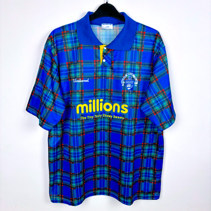 Greenock Morton classic football shirt produced by Vandanel. Tartan design with yellow 'Millions' sponsor.