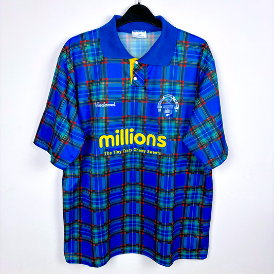 Greenock Morton classic football shirt produced by Vandanel. Tartan design with yellow 'Millions' sponsor.