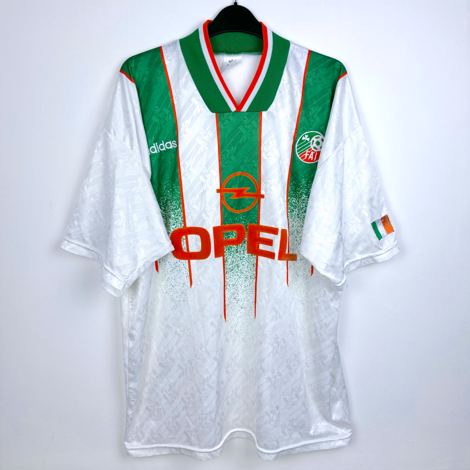Eire Ireland 1994-1995 USA World Cup vintage football shirt with green and orange stripes and Opel logo. - Eire Ireland 1994-1995 USA World Cup Away Football Shirt Adidas
