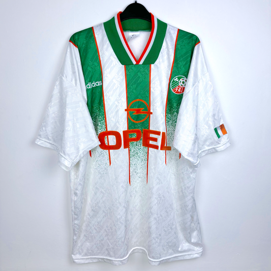 Eire Ireland 1994-1995 USA World Cup vintage football shirt with green and orange stripes and Opel logo. - Eire Ireland 1994-1995 USA World Cup Away Football Shirt Adidas