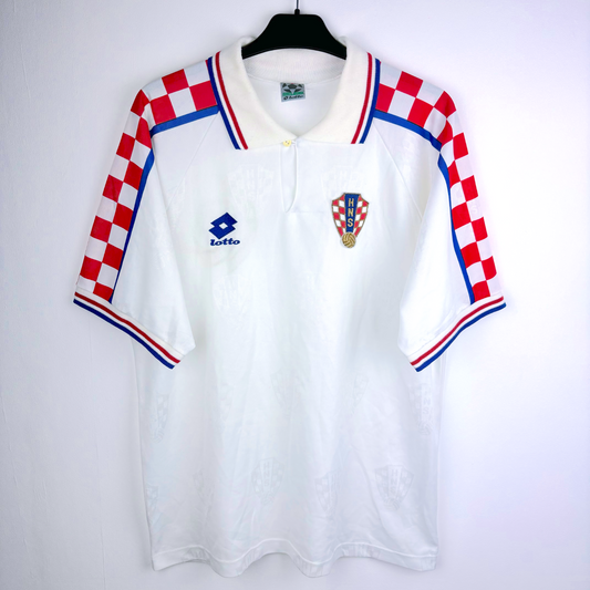 Croatia 1996-1998 vintage football shirt with red and white checkered sleeves and Lotto logo. - Croatia 1996/1997/1998 Lotto Away Football Shirt