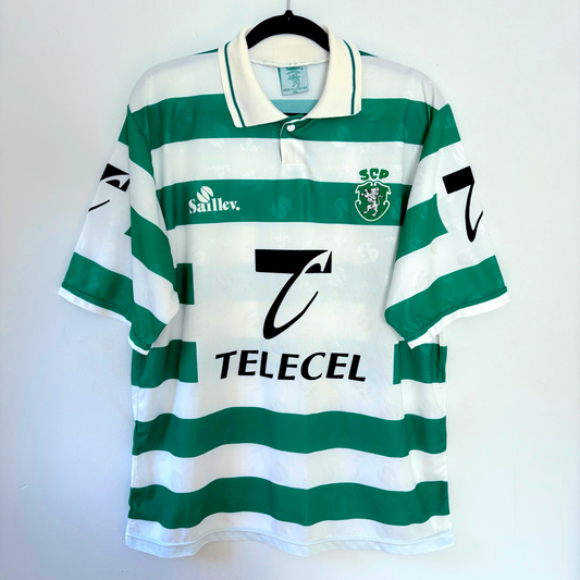Sporting CP 1995-1996 vintage football shirt with green and white stripes, Saillev logo, and Telecel sponsor on front. - Sporting CP Club Lisbon 1995-1996 Home Football Camisa Shirt Saillev