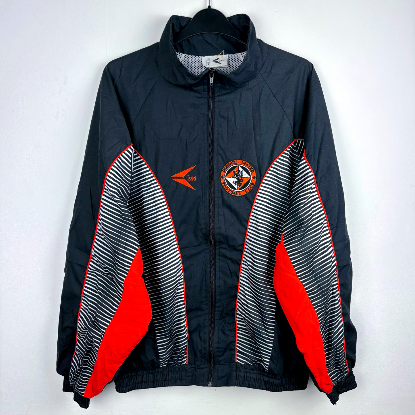Dundee United vintage football shirt black zip track jacket with red and white panel detailing, retro soccer jersey style. - Dundee United 1992/1993/1994 Loki Training Jacket Zip Track Tracksuit