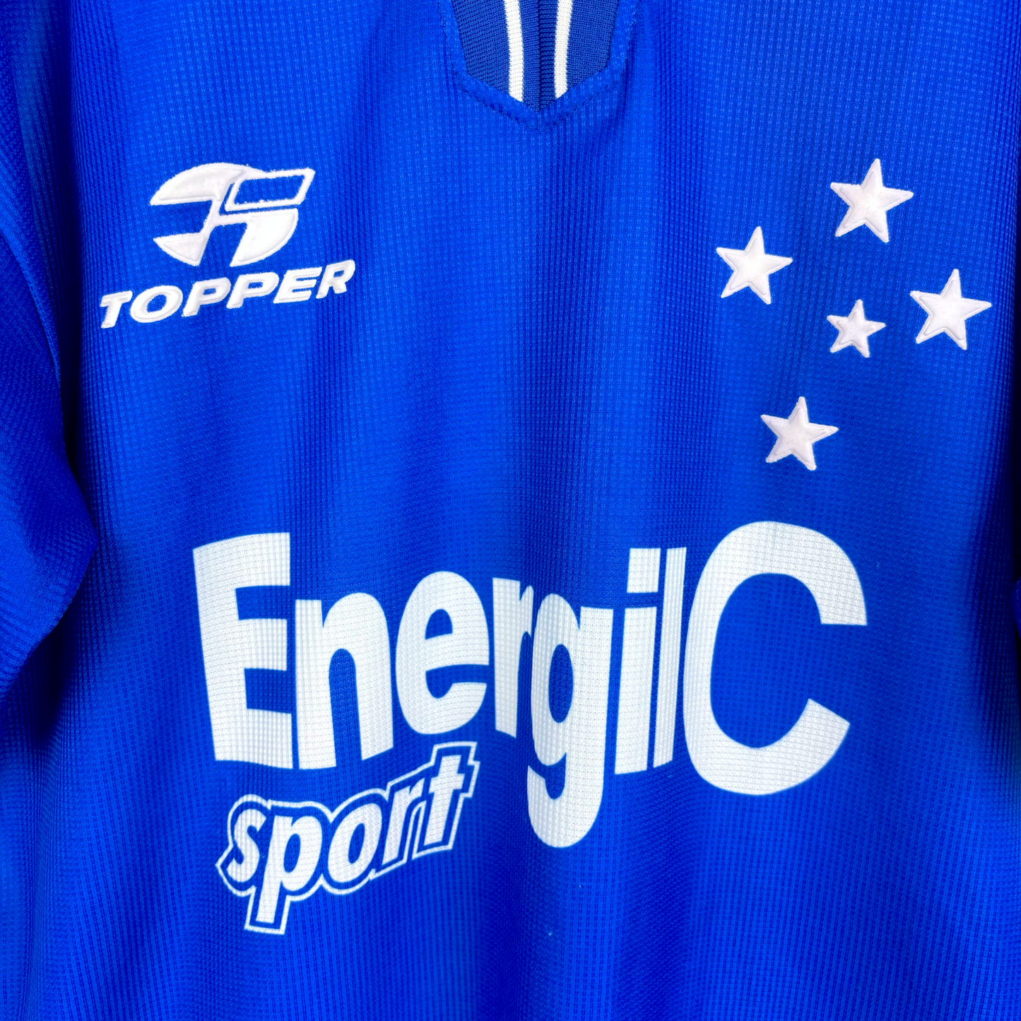 Blue Cruzeiro 1999-2000 vintage football shirt with white stars and EnergilC sponsor logo, retro soccer jersey. - Cruzeiro 1999-2000 Home Football Shirt Camisa Topper