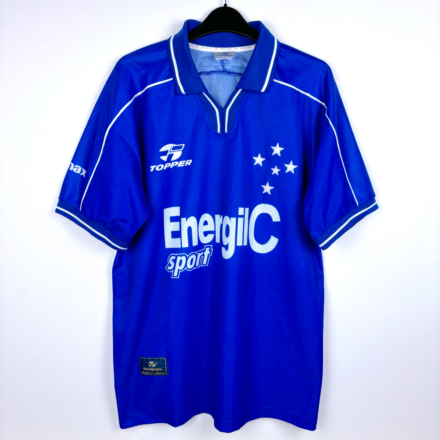 Blue Cruzeiro 1999-2000 vintage football shirt with white trim, Topper logo, and EnergiC Sport sponsor print. - Cruzeiro 1999-2000 Home Football Shirt Camisa Topper