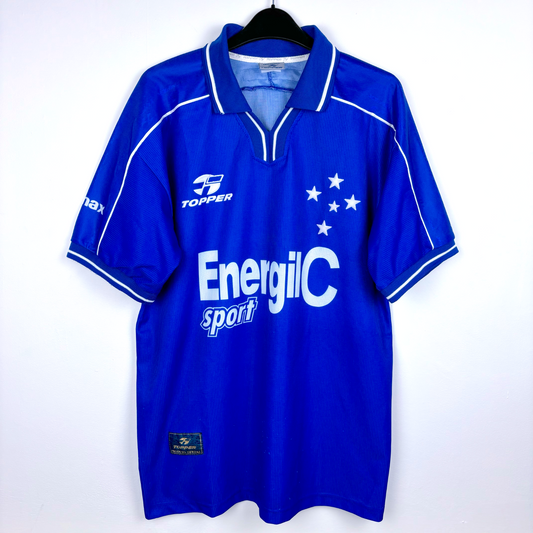 Blue Cruzeiro 1999-2000 vintage football shirt with white trim, Topper logo, and EnergiC Sport sponsor print. - Cruzeiro 1999-2000 Home Football Shirt Camisa Topper