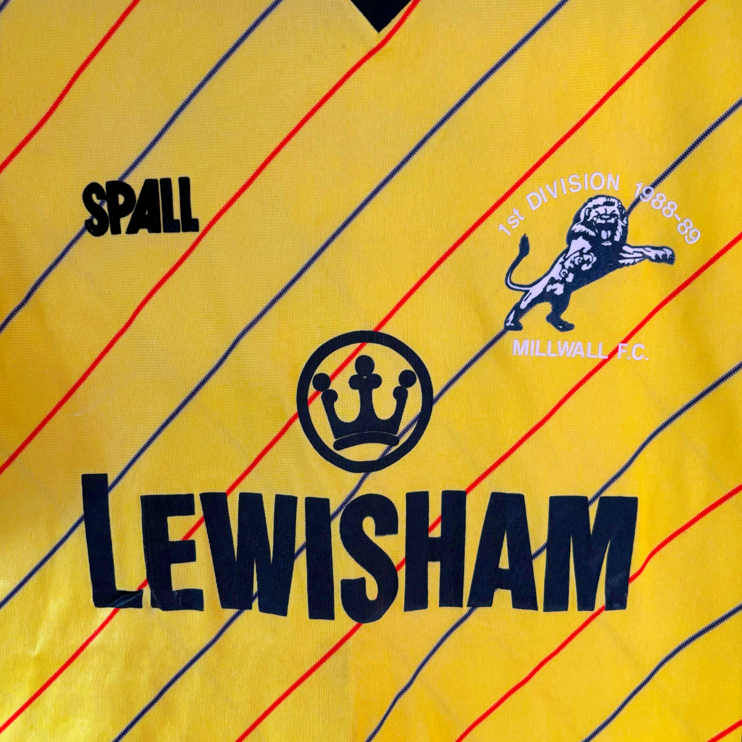 Yellow Millwall 1987-89 vintage football shirt with red and blue stripes and sponsor logos. - Millwall 1987/1988/1989 Away Football Shirt Spall