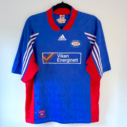 Valerenga VIF vintage football shirt 1998-1999 in blue with red trim and Adidas stripes, classic retro soccer jersey design. - Valerenga VIF 1998-1999 Home Football Shirt Jersey Adidas