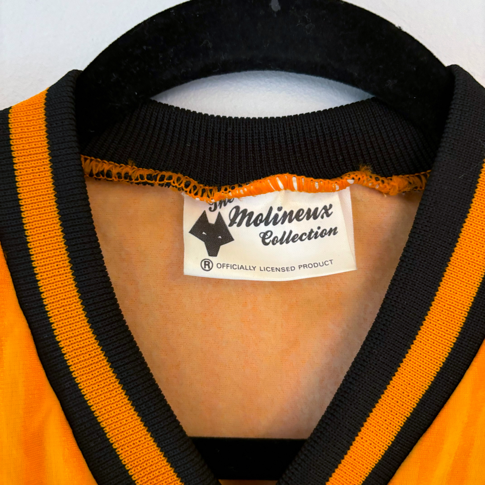 Molineux Collection label on vintage retro football shirt collar in gold and black. - Wolverhampton Wanderers 1988/1989/1990 Wolves Home Football Shirt Score