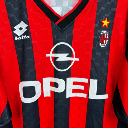 AC Milan vintage football shirt with red and black stripes, Lotto logo, Opel sponsor, and Maldini 3 details. - AC Milan 1994/1995/1996 Home Football Shirt Maglia Lotto - Maldini 3