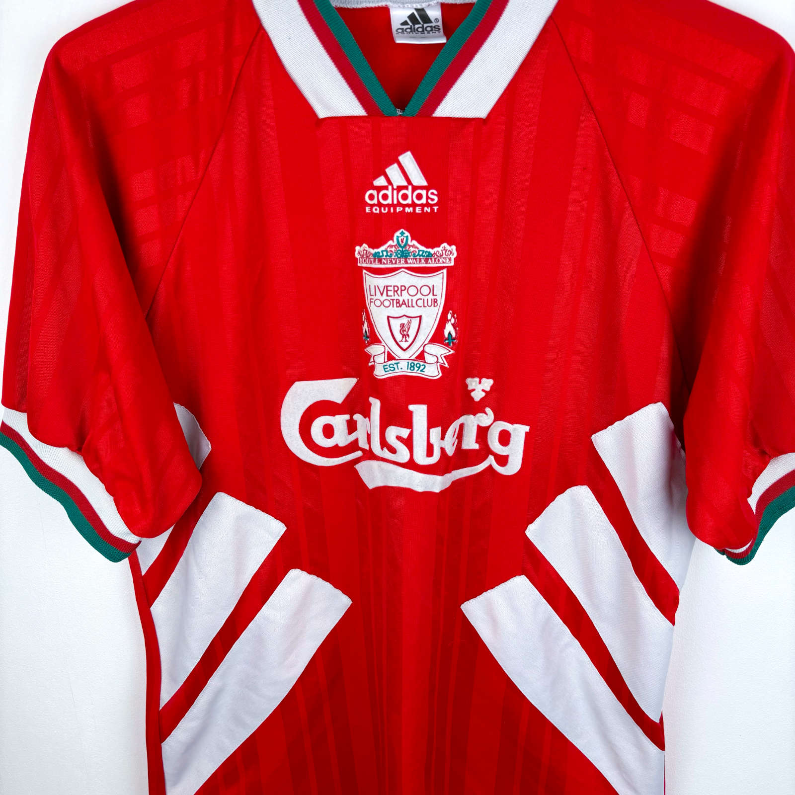 Liverpool FC vintage football shirt 1993-1995 with Carlsberg sponsor and Adidas logo in red retro football shirt design. - Liverpool FC 1993/1994/1995 Home Football Shirt Adidas
