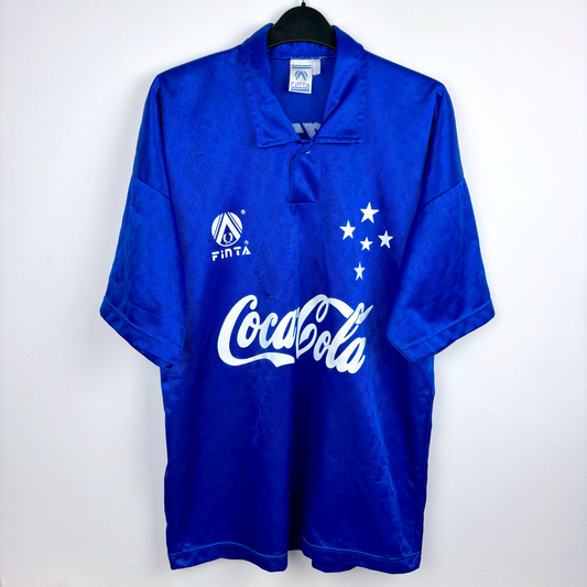 Vintage Cruzeiro 1993-1995 home football shirt in royal blue with Coca-Cola sponsor and Finta logo.