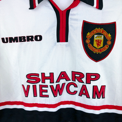 Manchester United 1997-99 vintage football shirt with Umbro logo, retro soccer jersey design, and Sharp Viewcam sponsor on. - Manchester United 1997/1998/1999 Away Umbro Football Shirt Long Sleeve