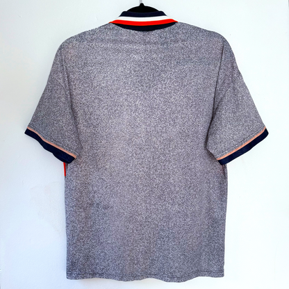 Gray vintage football shirt with navy and red trim on collar and sleeves, retro soccer jersey style. - Chelsea 1994/1995/1996 Away Football Shirt Umbro Jersey Coors
